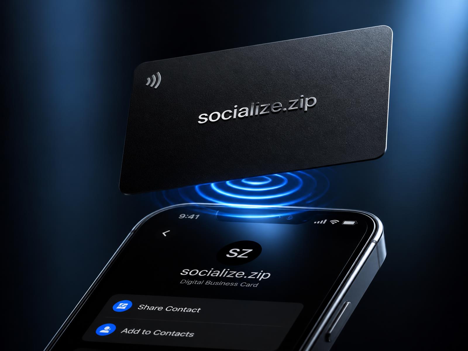 Cartão NFC socialize.zip sendo aproximado de um smartphone, com ondas de rádio azuis conectando o cartão ao celular